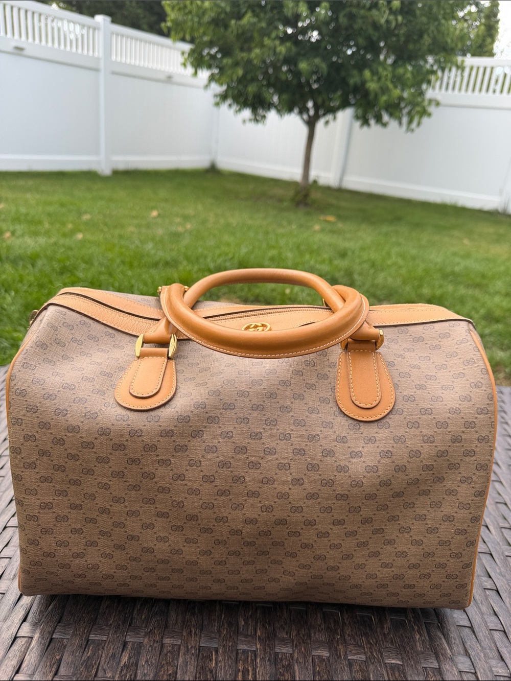 Gucci Brown Monogram Boston Bag with Tan Leather Trim